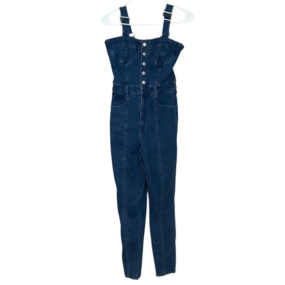 Guess Womens Denim Jumpsuit Overalls Size 27 Button Front Dark Wash Adjustable